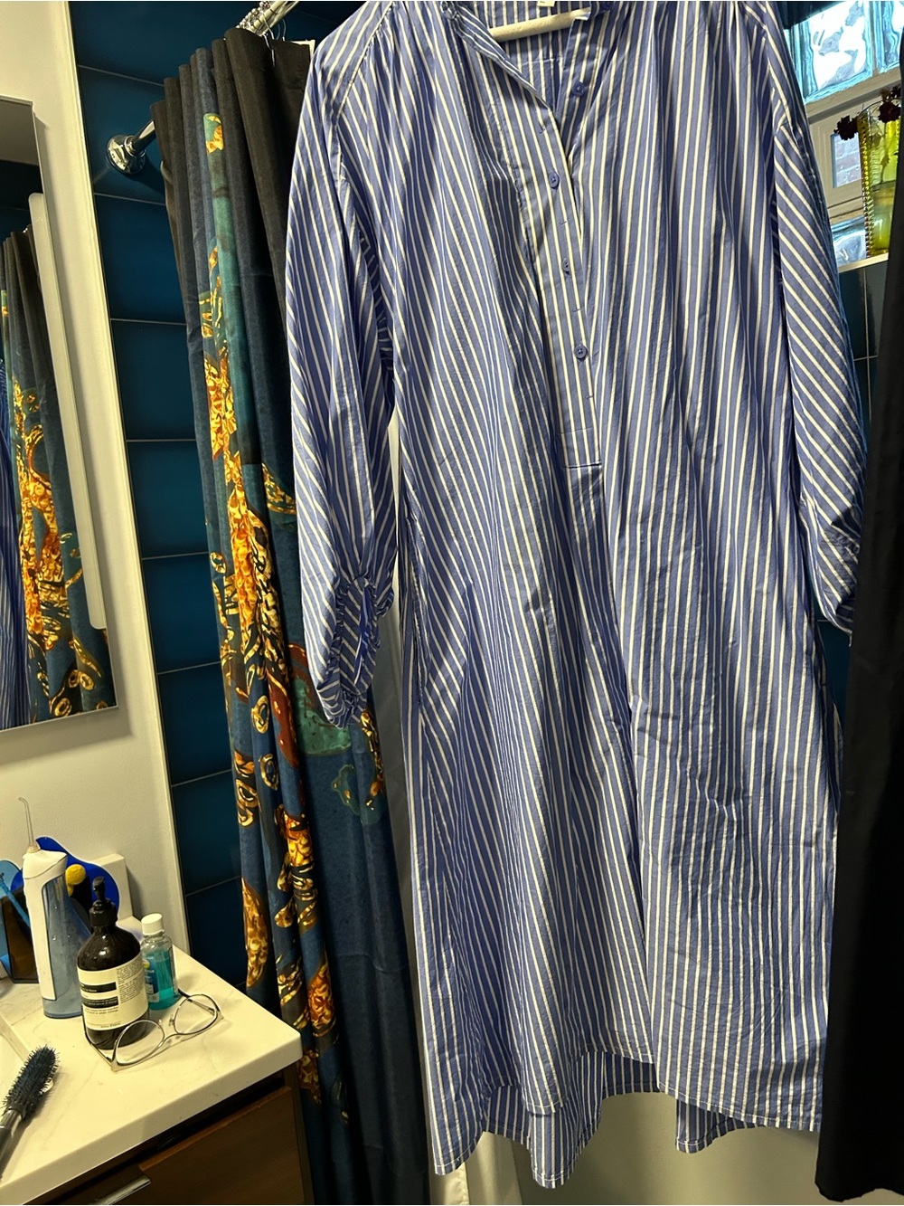 Women’s  Blue & White Stripe Casual Button-Down Shirt dress